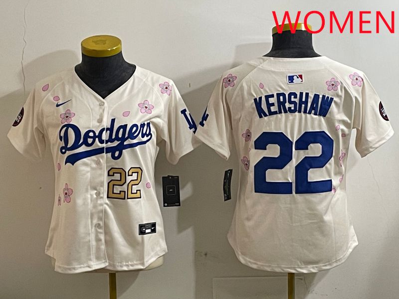 Women Los Angeles Dodgers #22 Kershaw Cream Sakura Edition 2025 Nike MLB Jersey style 2